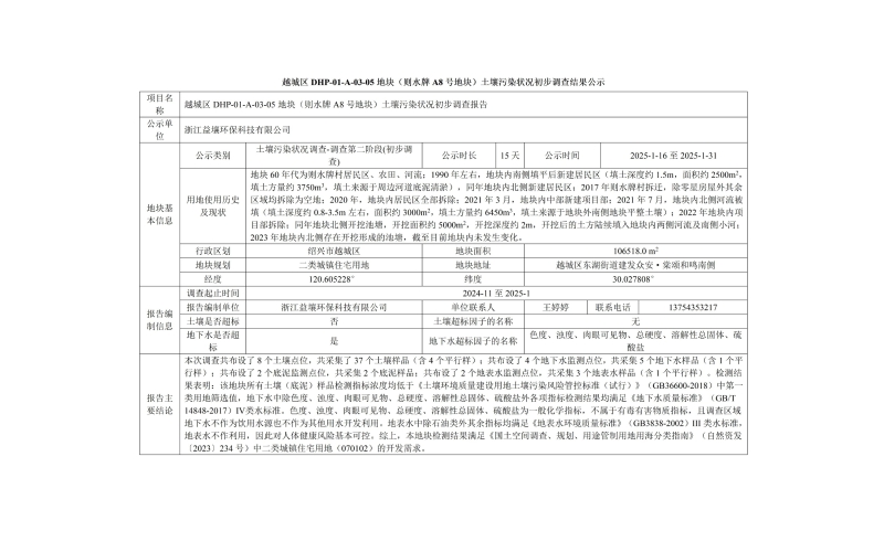 越城區(qū)DHP-01-A-03-05地塊（則水牌A8號地塊）土壤污染狀況初步調(diào)查結(jié)果公示